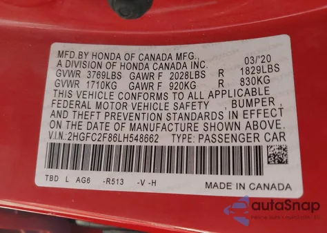 2020 Honda Civic Sport z USA, uszkodzony, nr VIN 2HGFC2F86LH548662